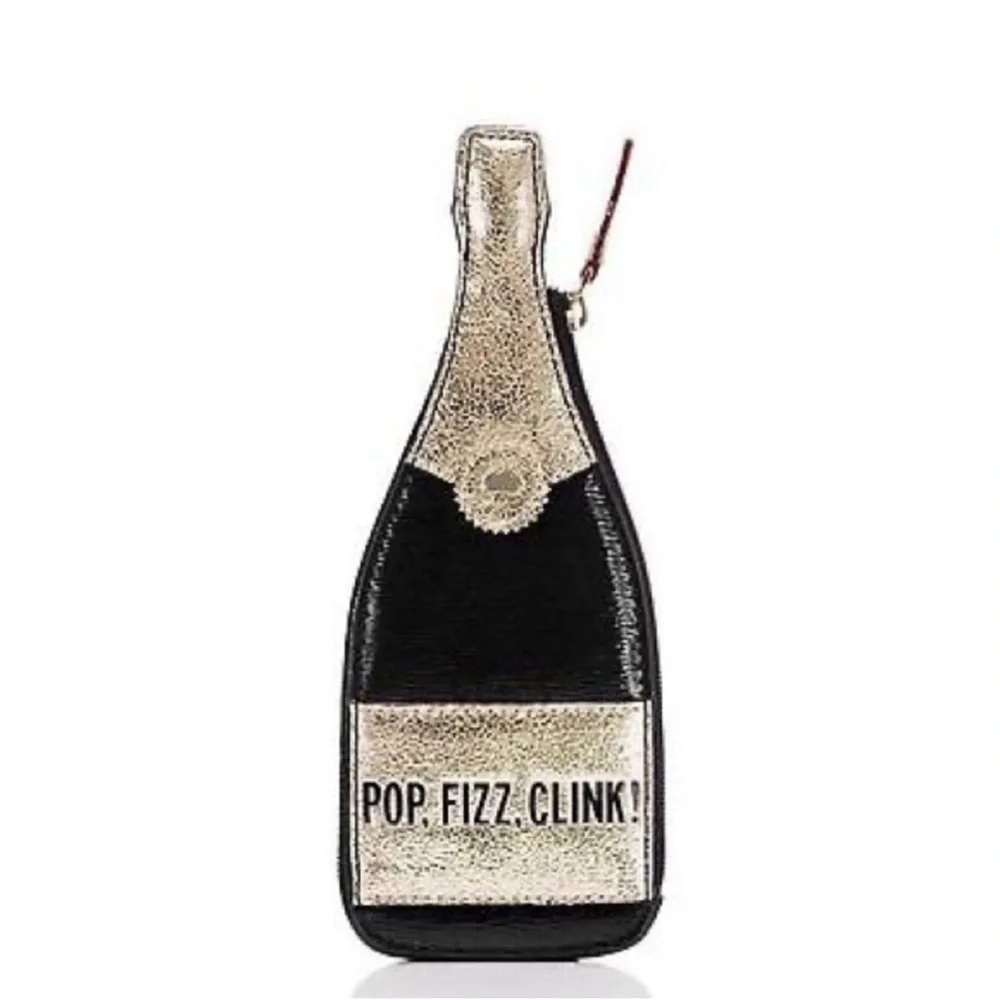 Kate Spade New York Pop Fizz Clink! Champagne Bottle Coin Purse Gold Black NWOT